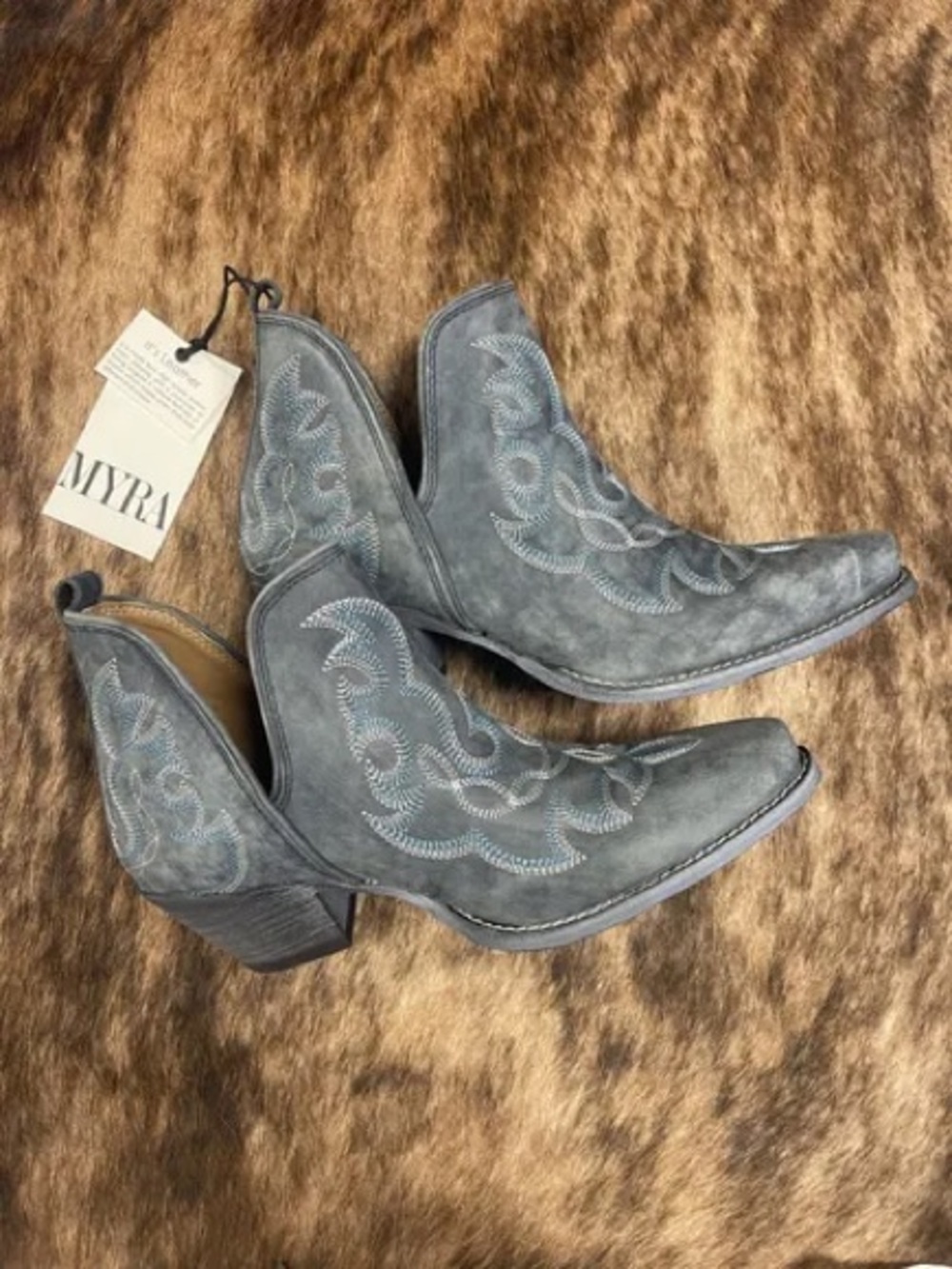 Myra Bag Gray Suede Western Ankle Booties with Embroidered Detail - Picture 2 of 7